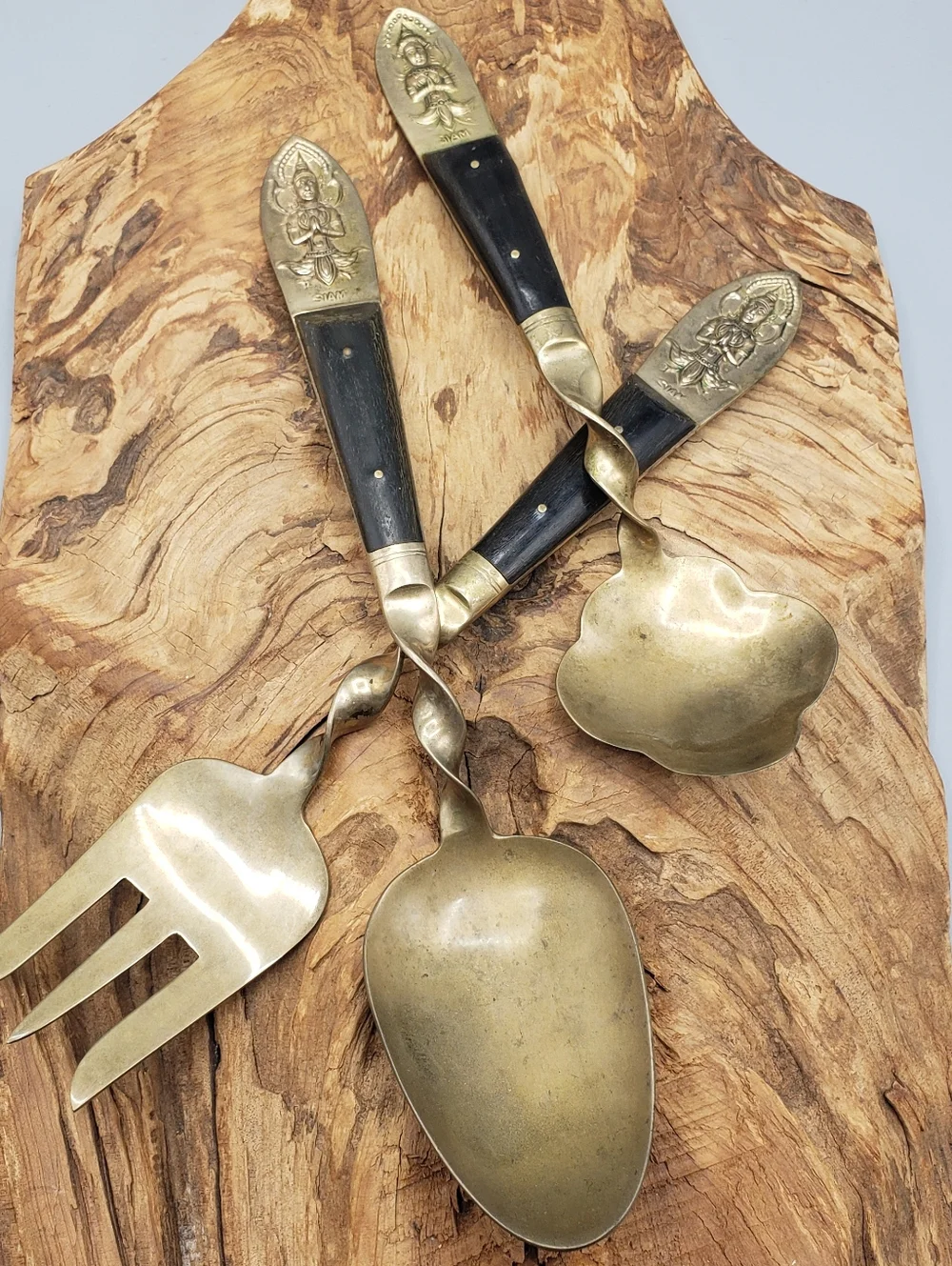 3p Brass Serving Set w/Twisted Details & Dark Wood Handles -Vintage Siam Buddha